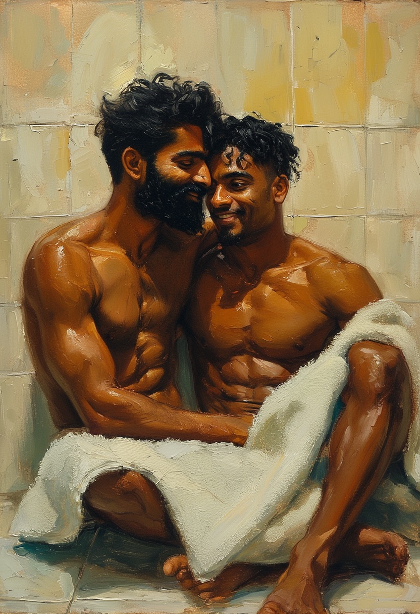 Badezimmerumarmung nach der Dusche
