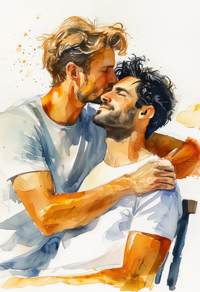 Meeresspiel: Küssende Umarmung in Aquarell