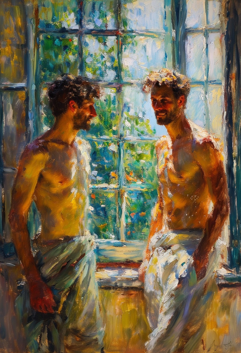 Umarmung im sonnigen Fenster