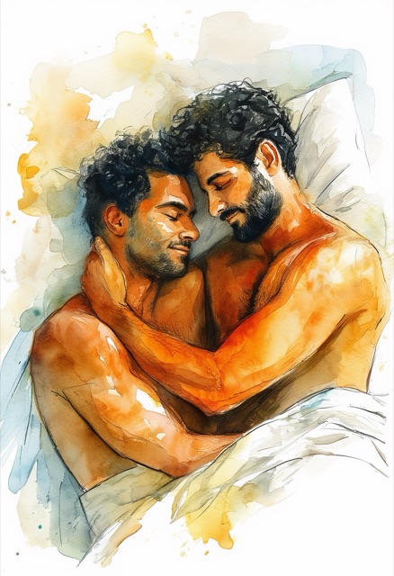 Embrace of Two Men, Sunlit Watercolor