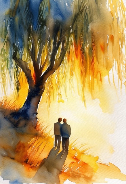 Embracing Friends Under Weeping Willow