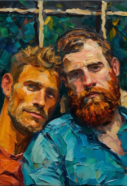 Expressionist Oil Portrait, Two Men, Blue Shirt, Red Beard