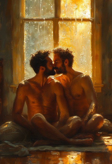 Golden Hour Intimacy on Rain-Speckled Floor