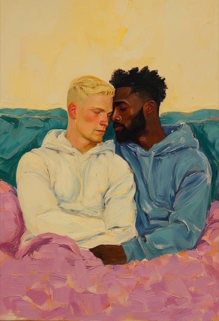 Intimate Cuddle on Pink Blanket