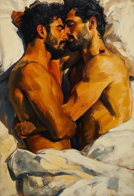 Spooning Embrace in Sunlit Bed