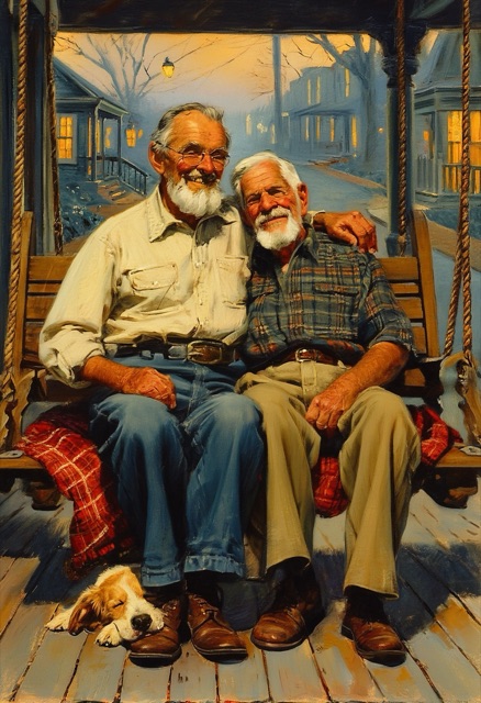 Swinging Men Porch Embrace