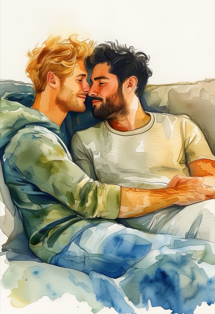 Watercolor Embrace On Blue Couch