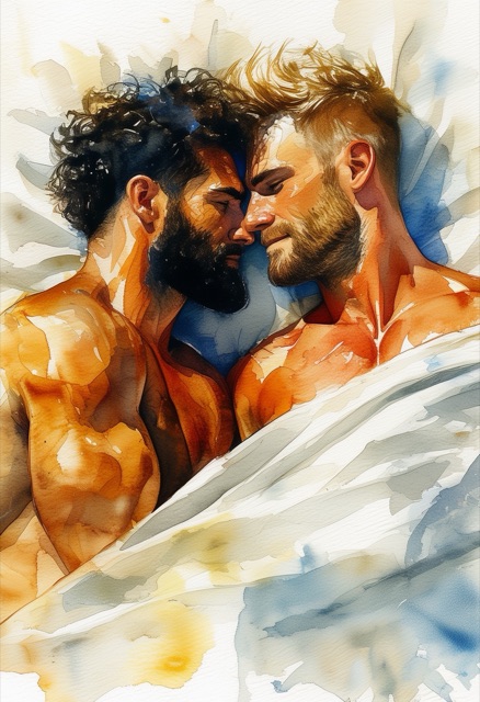 Watercolor Embrace on Sunlit Bed
