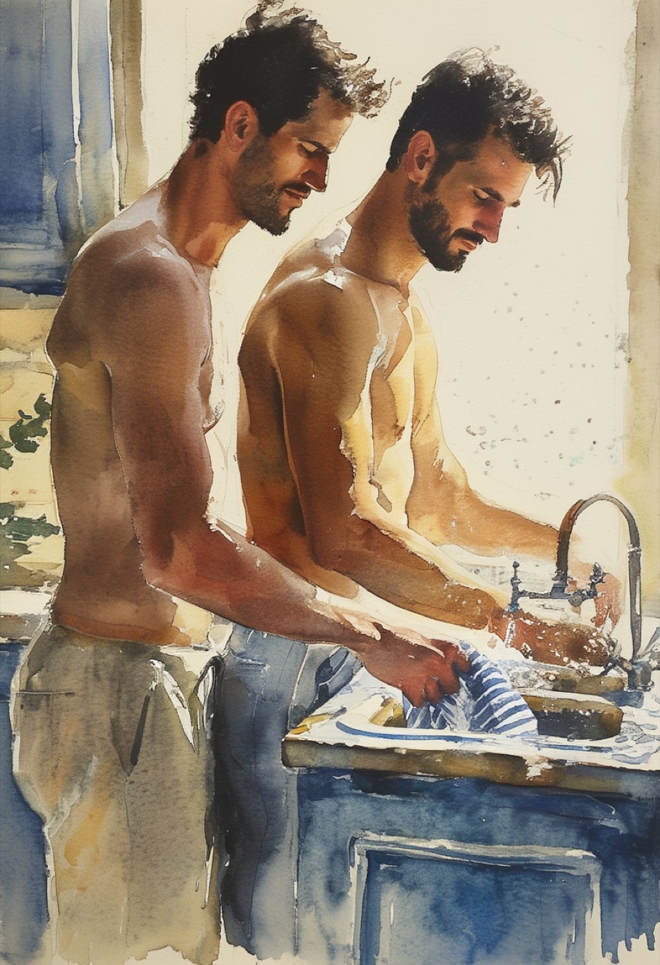 Aquarell-Freunde beim Geschirrspülen